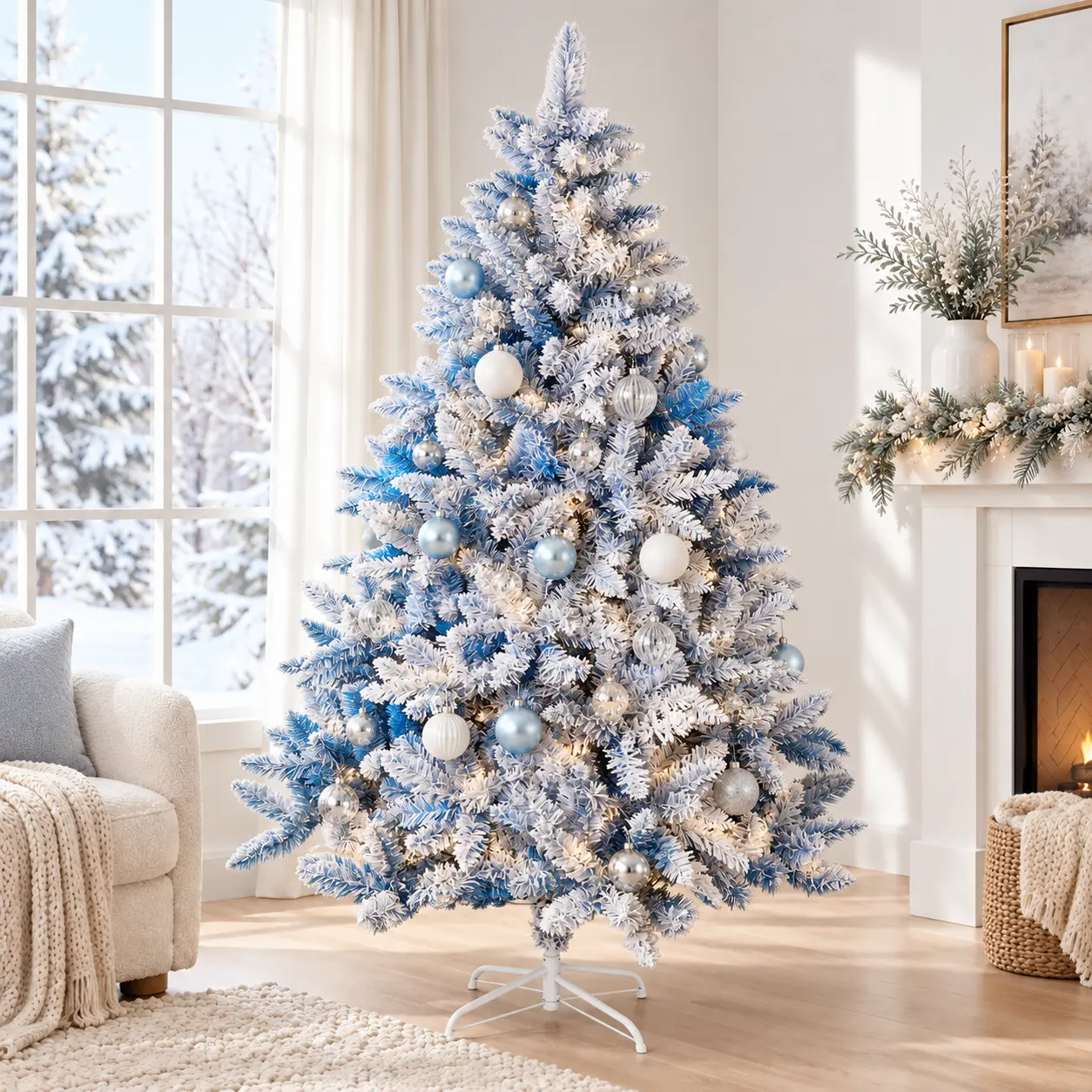 INTERGREAT 6FT/7FT Unlit Artificial Christmas Tree, Snow Flocked or Blue & White, Full Branches, Easy Assembly with Metal Stand, Indoor Holiday Christmas Decor