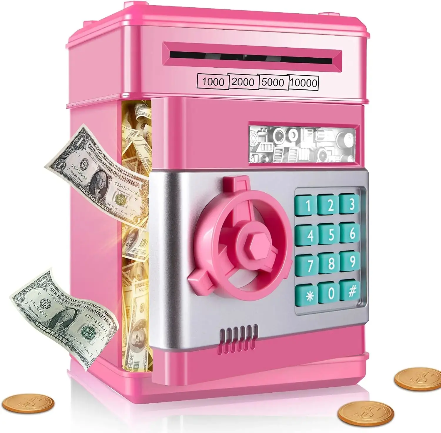Mini ATM Electronic Piggy Bank for Kids - Code Lock Safe Box with Auto-Scroll Bill Slot, Dual Coin & Cash Storage, Fun Educational Toy, Ideal 3-12 Age Birthday/Christmas Gift for Money-Saving Habits Development