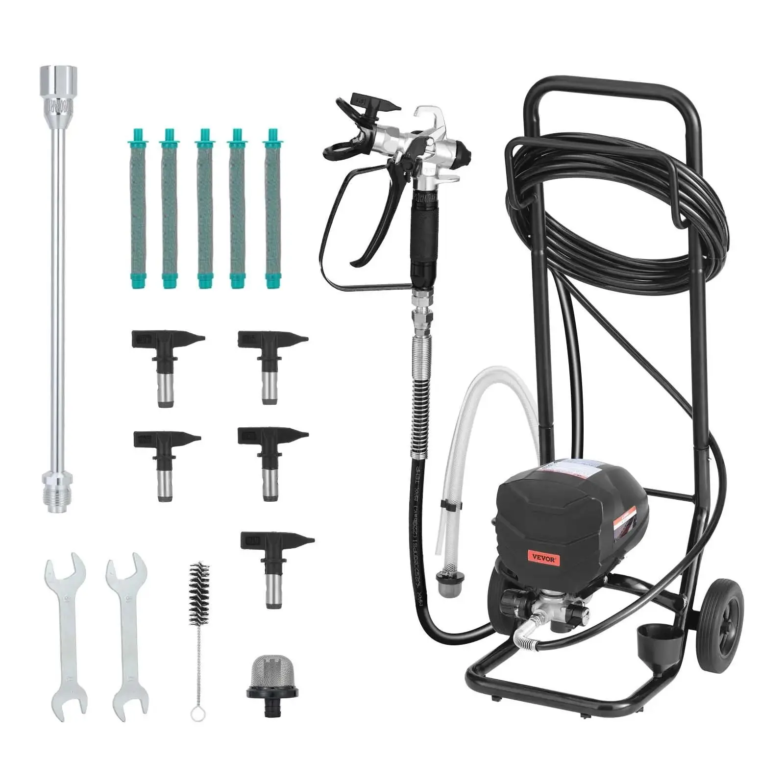 VEVOR High-Pressure Electric Airless Handheld Sprayer Kit with Cart & Paint Sprayer Pump, Accessories Set (Cleaning Brush, Hose, Extension Rod, Nozzles) - Father's Day Gift for Home Fence Painting, DIY Projects, Adjustable Motor