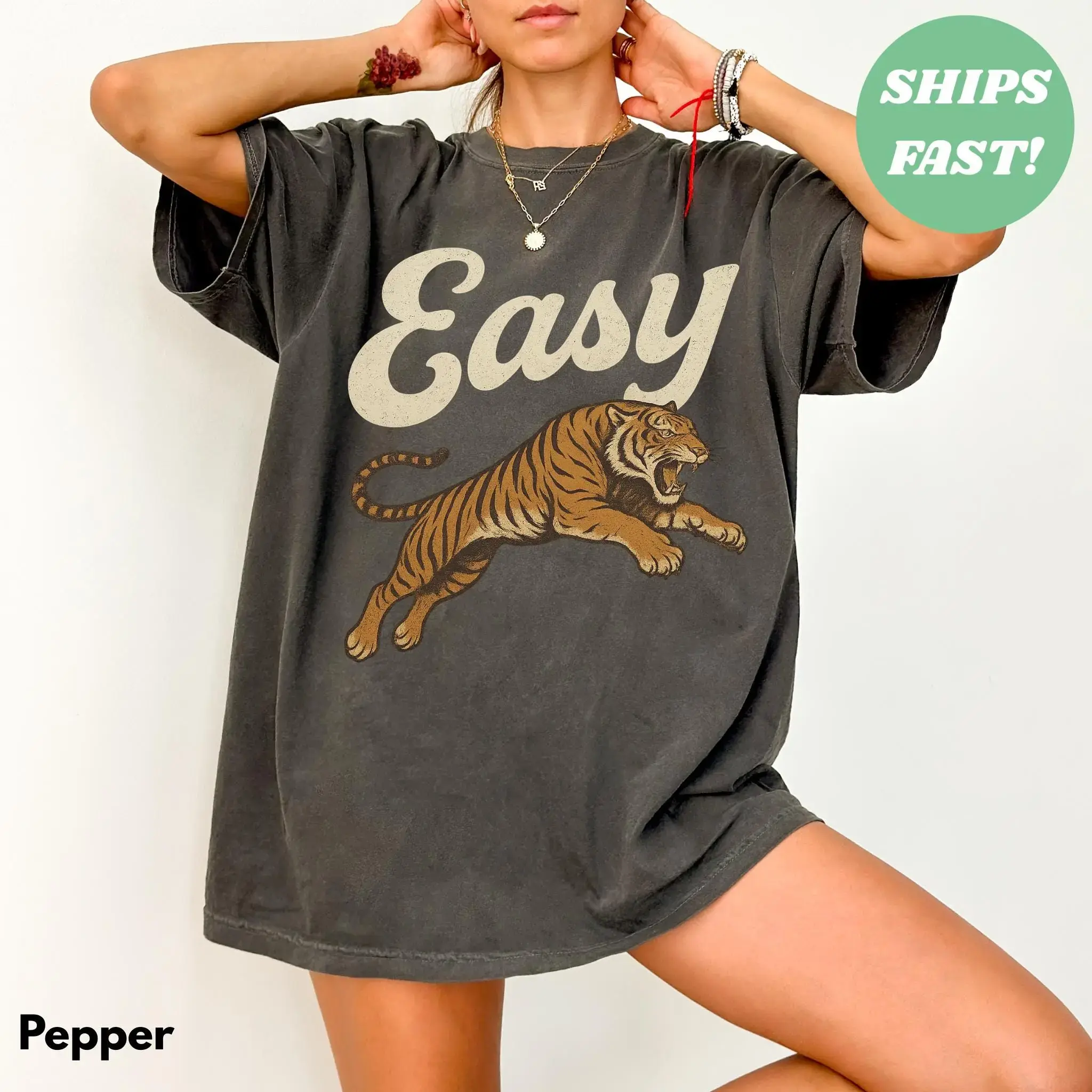 Easy Tiger Shirt - Distressed T-Shirt, Oversized Graphic Tee, Indie Tshirt, Aesthetic Trendy T Shirt, Retro Animal Shirt