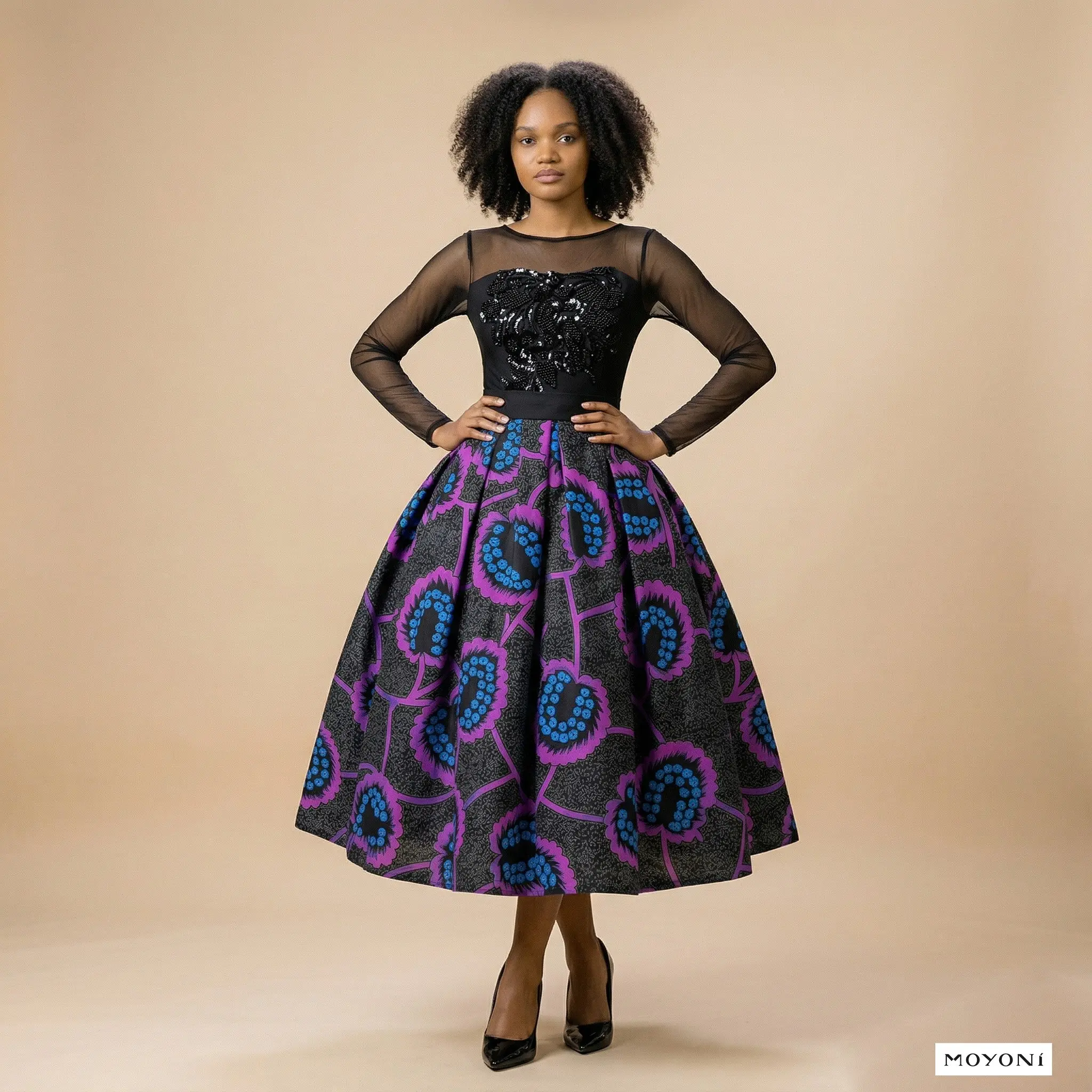 Women's Beaded Illusion Puff Sleeve Kitenge Maxi Gown - Lady's African Fashion Formal Clothes, Elegant Dresses for Evening Events, Night Out Sheer Print Statement Piece, Formal Wedding, Handstitching, Made-To-Order, Maxi Length, Cultural Ceremonies, Exqui