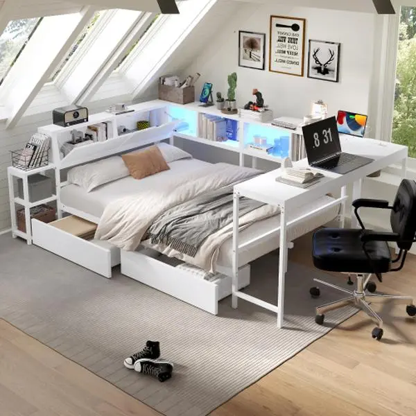 Bellemave Twin Metal Corner Storage Bed Frame with Bookcase, 2 Underbed Drawers, LED Lights, USB Port, Interchangeable Left-Right Design - 96.54x61.00x30.00in, 117.70lbs, Single Kids Indoor Furniture, Space-Saving, Assembly Required