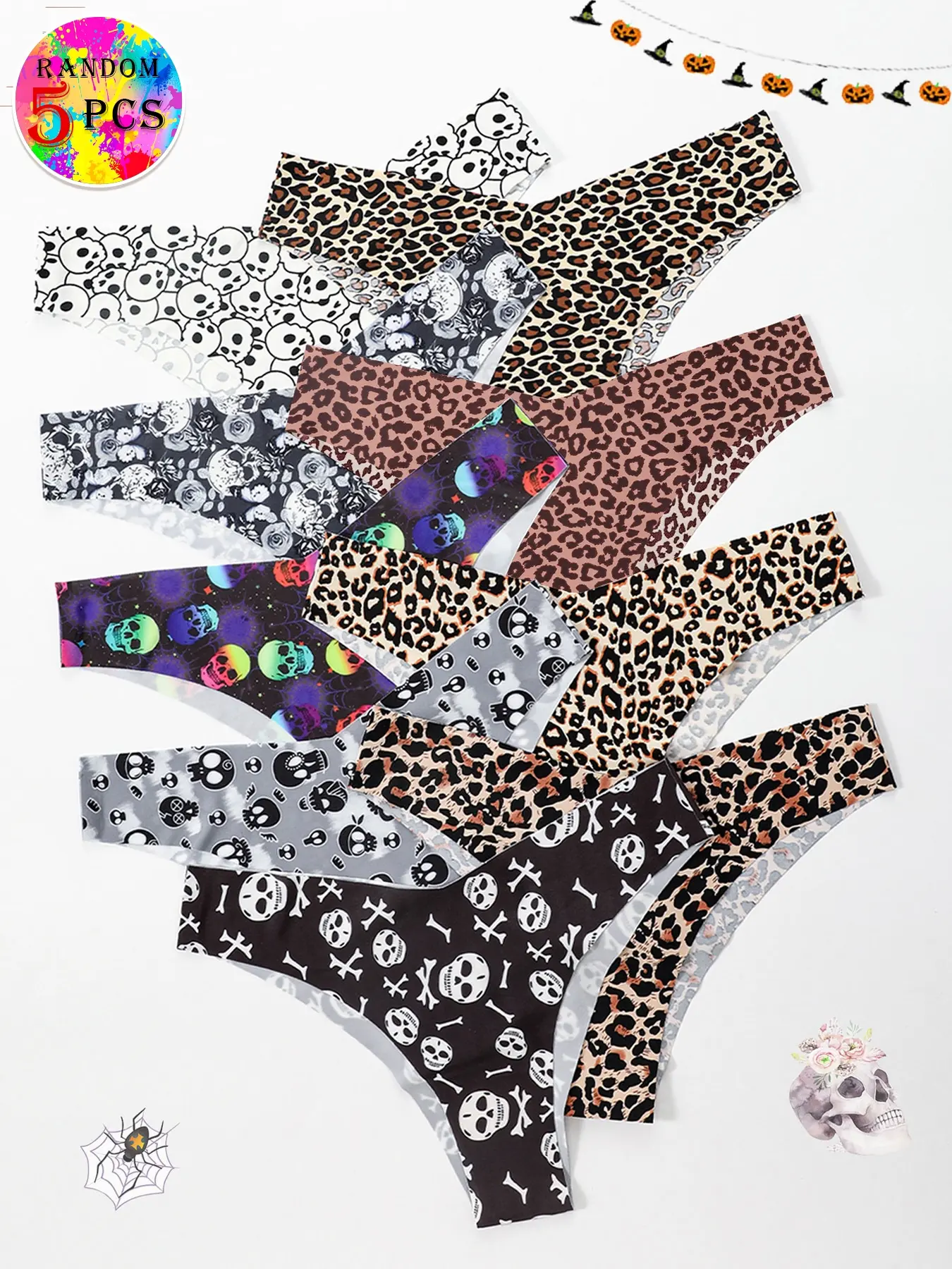 5-piece set of random colors, V-shaped Halloween skull and leopard print thong panties, slim fit, comfortable and stretchy, seamless one-piece women's underwear, Knitted stretch underwear, Fitted Panties