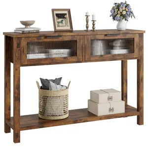 43" Console Table Entryway Table, 2 Tier Sofa Table with Storage, Wood Buffet Table Foyer Table with 2 Glass Drawers for Entry Way, Hallway, Living Room