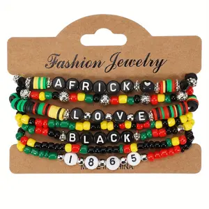 7Pcs Juneteenth Bohemian Bracelet Multi-layer Colorful Rice Bead Elastic Bracelet Black African Festival Yellow Green Black Red Beaded Vintage Love Happy Bangle Stackable Vintage Beaded Bracelet Set