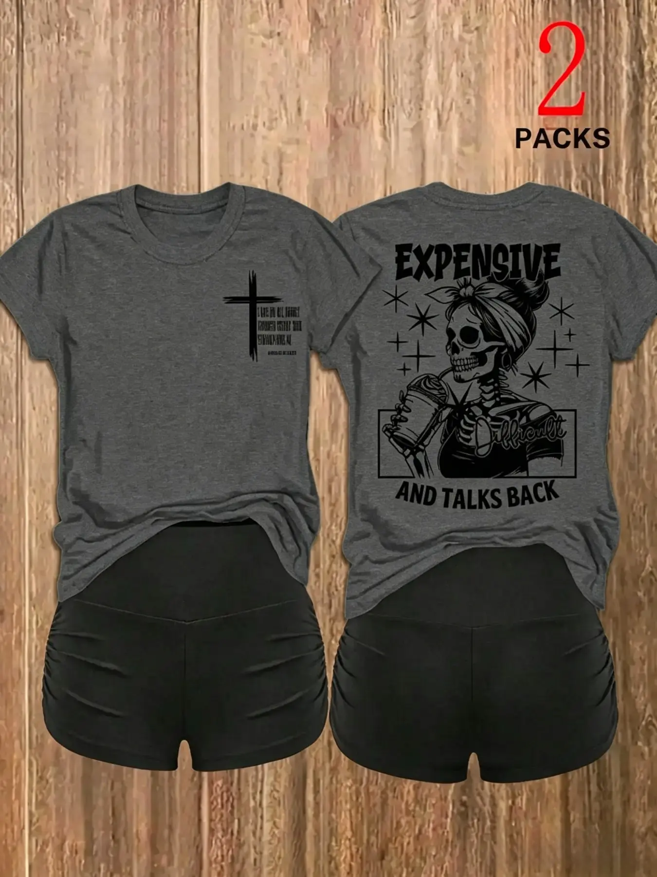 Women's 2 Packs Spring Summer Skull Mom Theme Print Round Neck T-Shirt Ruched Shorts Set Outfit, Casual Slim-Fit, Breathable, Versatile for Everyday Wear, Clothes, Shorts and Tops
