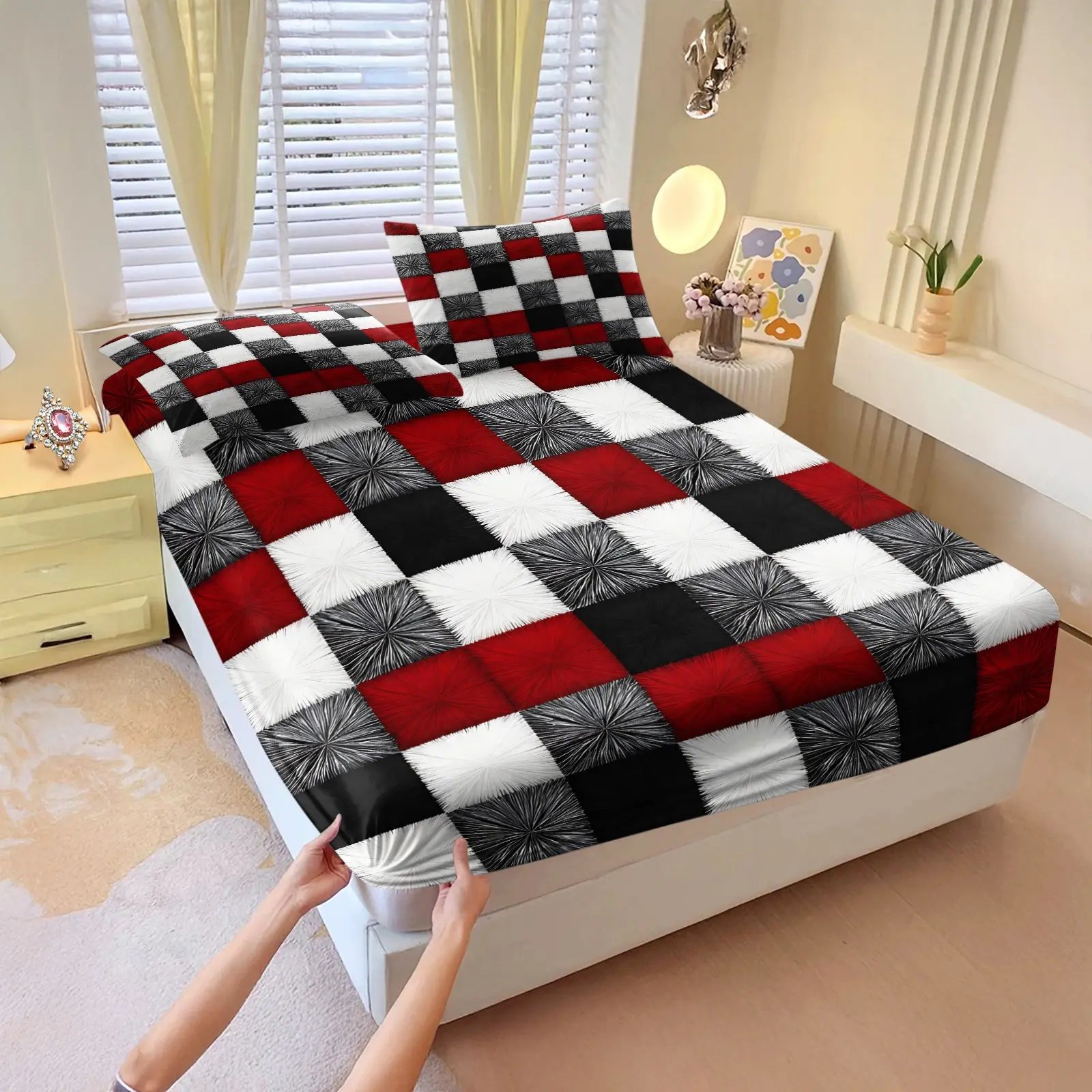 Color-blocked checkered pattern fitted sheet set,Polyester Bedding Set,Includes 1 Fitted Sheet & 2 Pillowcases without Filler,Seamless checkered pattern,Perfect bedding set,Warm, Cozy and anti-pilling,A modern bedroom decor gift.