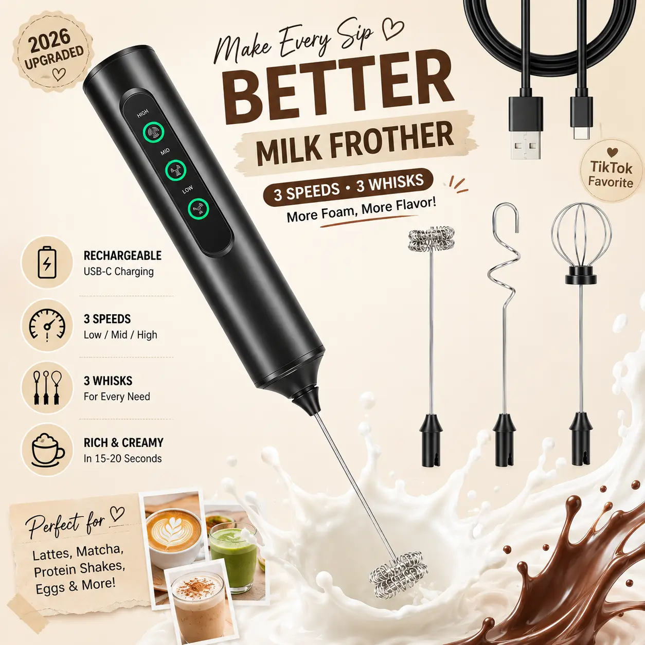 Stainless Steel Rechargeable Handheld Electric Milk Frother - USB-C Charge, 3 Detachable Whisks, 3 Speed Settings, Portable Foamer for Travel, Lattes, Matcha, Protein Powder, Balloon Whisk Eggs, Black