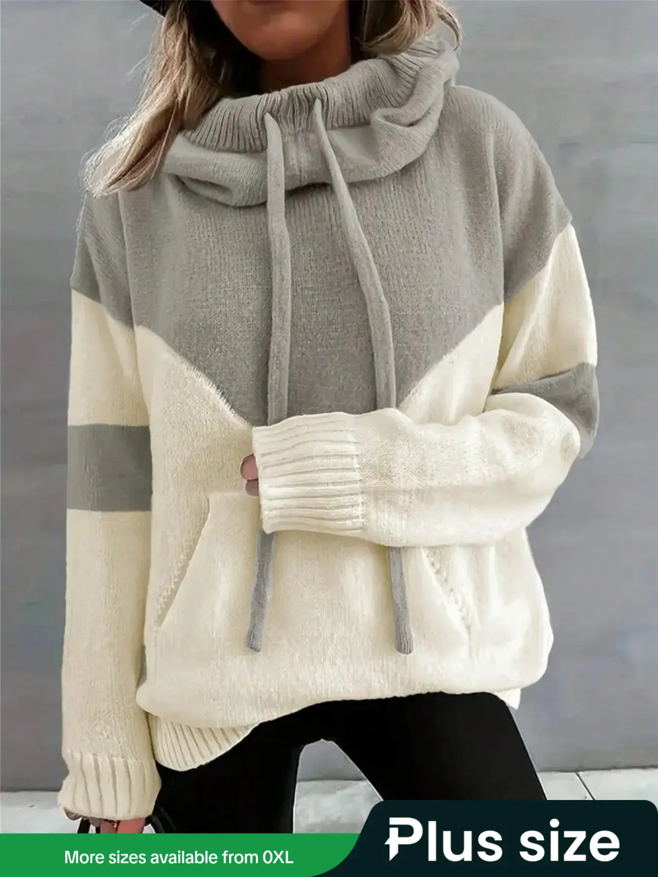 Plus Size Women's Fall Winter Casual Colorblock Hooded Sweater, Drawstring Pullover Jumper, Long Sleeve Knitwear for Ladies