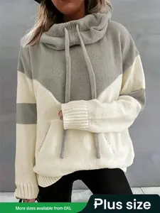 Plus Size Women's Fall Winter Casual Colorblock Hooded Sweater, Drawstring Pullover Jumper, Long Sleeve Knitwear for Ladies