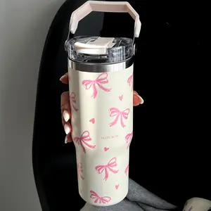 Butterfly & Heart Pattern Vacuum Flask, 1 Count Large Capacity Insulated Water Bottle with Handle & Straw, Summer Cool Bottle Drinking Cup for Home Office School, Drinkware