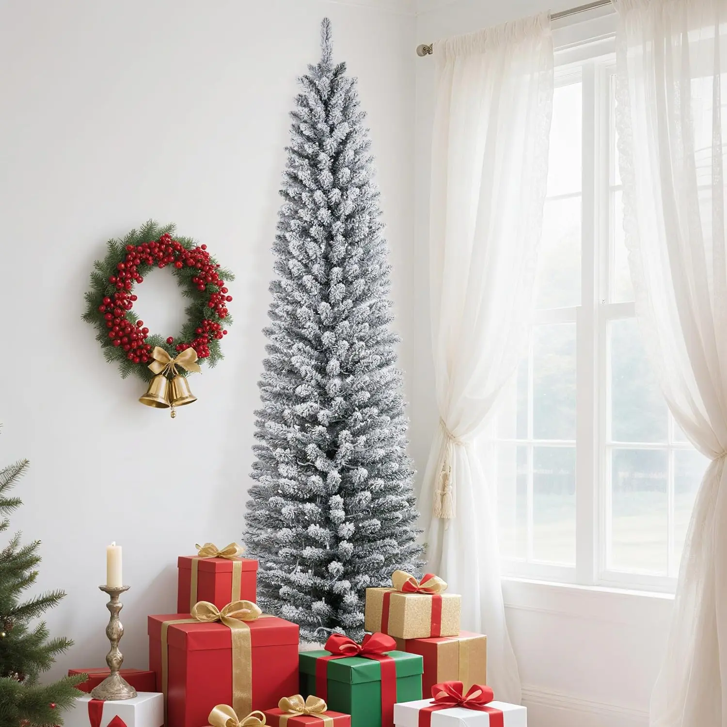 7.5Ft Snow Flocked Slim Pencil Tree, Warm White Pre-Strung Bulbs, Lush Branches, White Magical Party Decoration Led Star Light