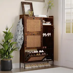 【GARVEE】Shoe Storage Cabinet with 4-Tier Shoe Cabinet and 3 Flip Drawers, Rattan Freestanding Shoe Organizer with Adjustable Shelves and Side Hooks for Entryway, Closet, Hallway