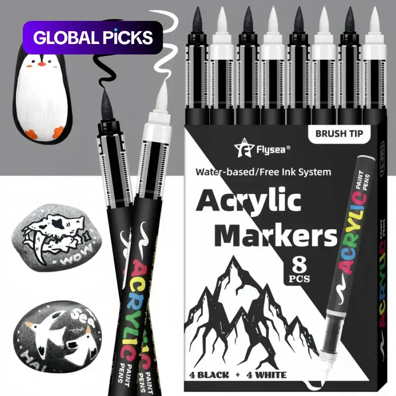 Acrylic Paint Pens, Acrylic Drawing Markers, Automatic Ink Control System, Soft Brush Tip Markers, Black and White Paint Markers, Art Drawing Supplies, Art Markers for Canvas, Rock, Wood, Stone, Glass, Ceramic and Fabric Painting, DIY Crafts #GLOBAL PICKS