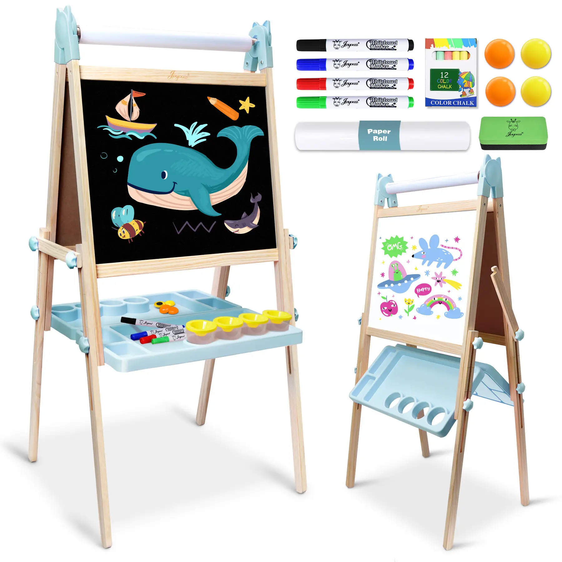 JOYOOSS Easel for Kids Ages 4-8 Easels for Toddlers Art Kids Easel Ages 8-12 Wooden Drawing Easels Double-Sided Magnetic Whiteboard Chalkboard with Paper Roll for Kid Dry Erase Board Blue