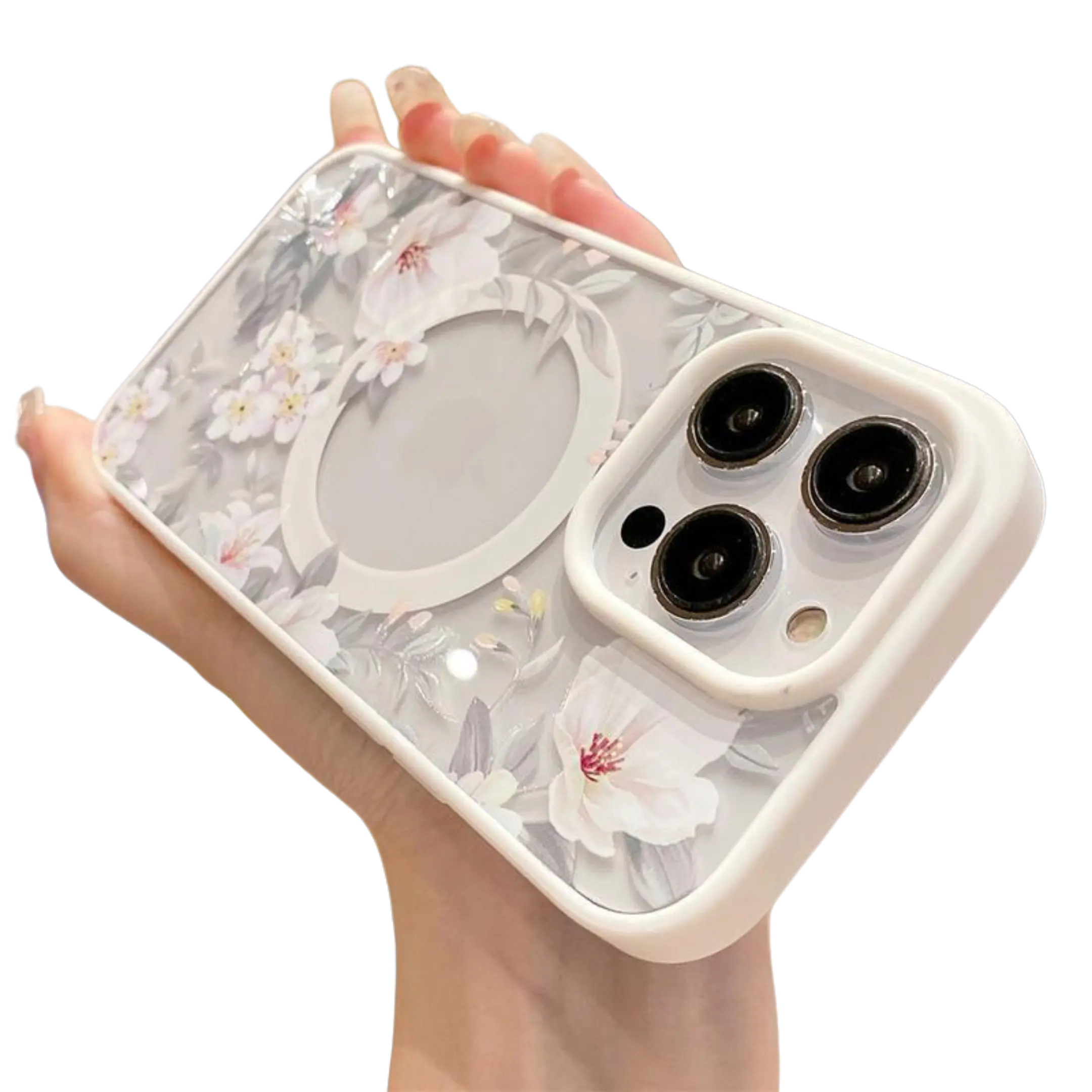 MagSafe Flexible TPU Wireless Phone Cover, Flower Fresh White Design, Transparent Fit, Hard Bumper Protection, Magnet Charge Compatibility, Multi-Model Accessory for iPhone 11/12/13/14/15/16/17 Pro Max QXE336, Accessories