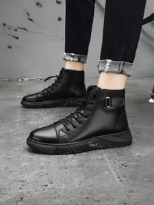 Men's British Retro  | High-Top Leather Casual Boots | Chunky Sole Ankle Boots Walking Shoes