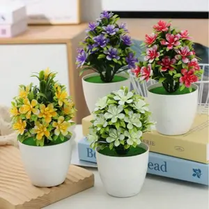 4pcs Set Random Color Realistic Plant Potted Fake Flowers Decorative Plastic Rose Bonsai Indoor Home Desktop Ornament Five-Leaf Plum Fake Indoor Plants Artificial Plant Decor
