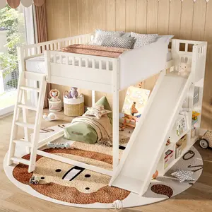 [Bellemave] Full/Queen Size Loft Bed with Upholstered Headboard, Storage Shelves & Slide, Safety Guardrail and Ladder, Easy Assembly