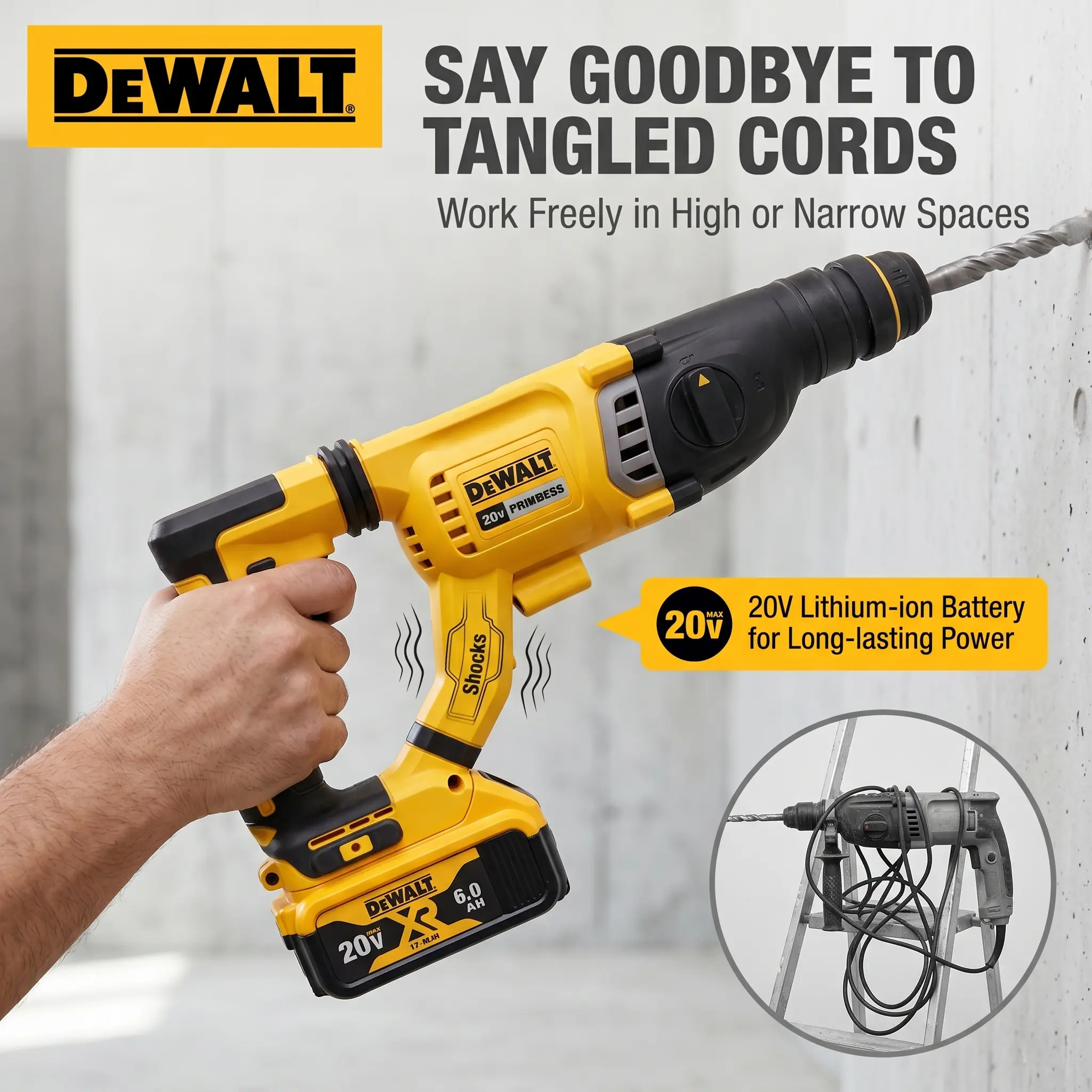 DEWALT 20V Max XR Brushless Cordless SDS-Plus Rotary Hammer Drill (DCH263) - Heavy-Duty Power Tool for Concrete, Brick Drilling, Chipping, with Multi-Position Side Handle, Depth Gauge, LED Work Light