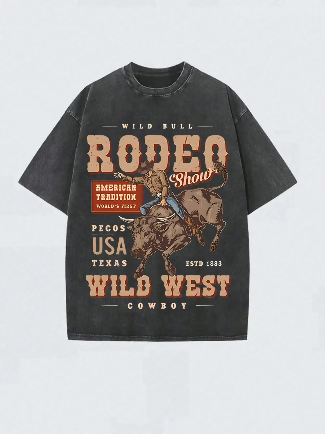 Vintage Wild Bull Rodeo Texas Wild West Cowboy T-Shirt, Washed Black Cotton Oversized Short Sleeve Tee, Retro Pecos American Tradition Casual Crewneck Shirt