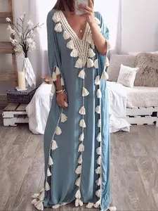 Women's Patchwork Fringe Trim Batwing Sleeve Arabian Robe Dress, Elegant V Neck Half Sleeve Long Dress for Daily Wear, Ladies Islamic Clothing for All Seasons