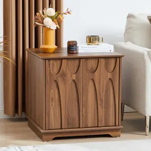 Giratree Mid-Century End Table, 23.6'' Wooden Side Table with Carved Doors and Adjustable Storage Shelf for Living Room, Bedroom, Office