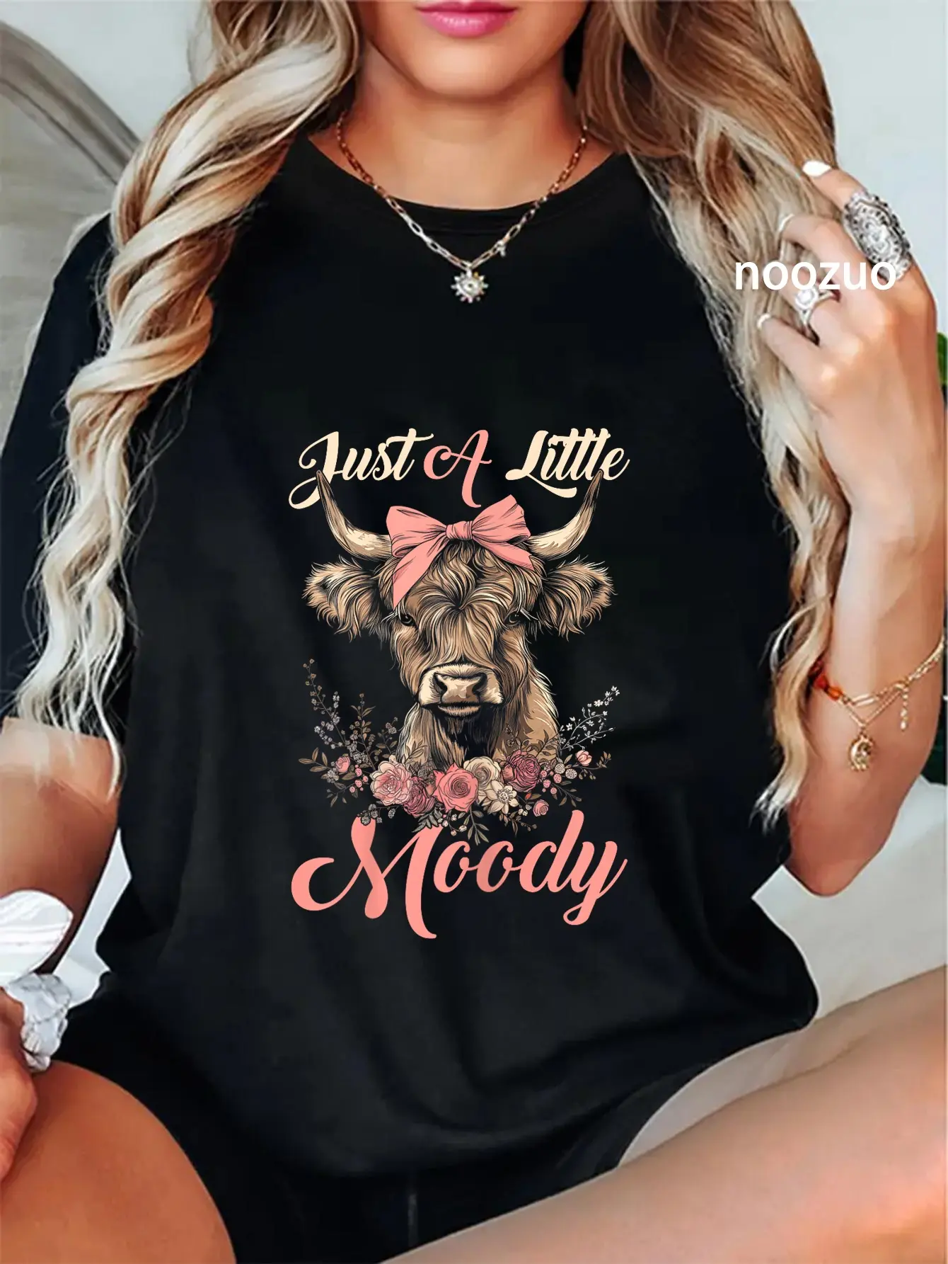 100% Cotton Highland Cow Just A Little Moody Flower Funny Farm Farmer T-Shirt