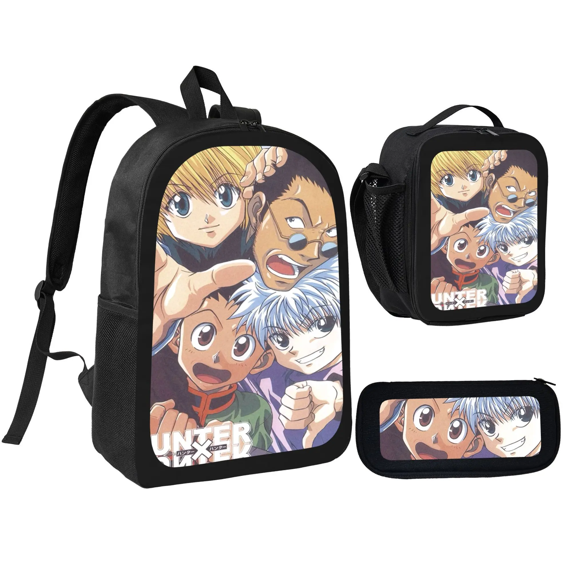 HUNTERXHUNTER Hot Anime Print Backpack for Boys Girls Teens, 3PCS Fashion School Bag Set with Thermal Lunch Bag and Zipper Pencil Case, Large Capacity Casual Daypack for School Daily Travel
