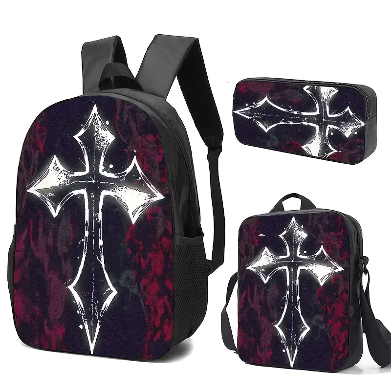 Gothic Cross Print Backpack Set, Durable Oxford Cloth in a Dark Theme Style with High-Res Print, Large Capacity and Adjustable Straps for Daily Use, Backpacks, Black Backpack