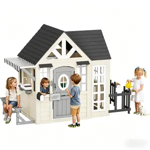 [Summervibes] [Memorialday] ALBOTT Kids Outdoor Wooden Playhouse with Kitchen Set, Durable Fir Wood Construction with Waterproof Roof & Rust-Resistant Hinges, Pretend Playhouse for 3–8 Years Old Boys & Girls, Mothersdaygift