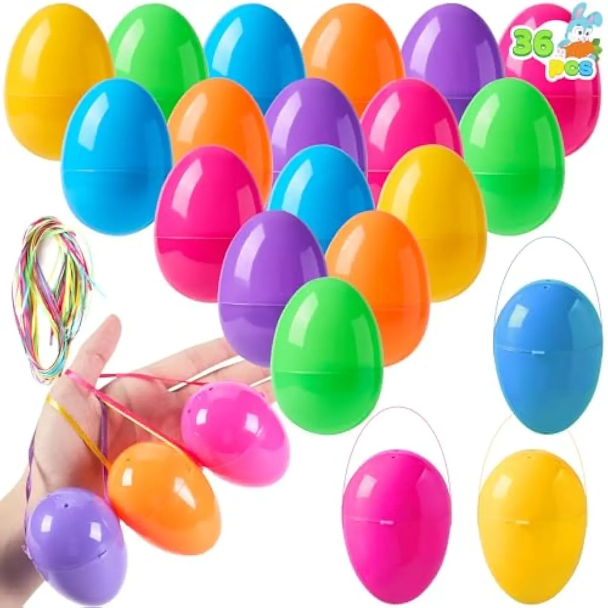 36 PCS 3.15" Easter Eggs with Hanging Ribbon, Colorful Plastic Eggs Empty Fillable, Bright Eggshells for Easter Hunt, Basket Stuffers, Hanging Tree Decor, Party Favor Supplies
