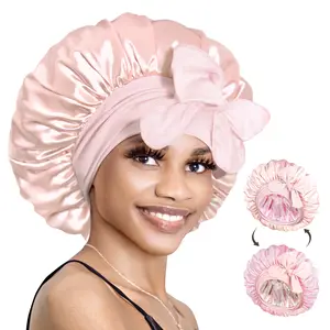 BONNET QUEEN Double Layer Smooth Satin Bonnet Style Hat - Adjustable, Reversible, Machine Washable Silky Sleeping Headwear with Elastic Tie Band for Curly Hair, Heatless Haircare Gift for Women (Bn007-Black&Burgundy), Bonnet Style Hats
