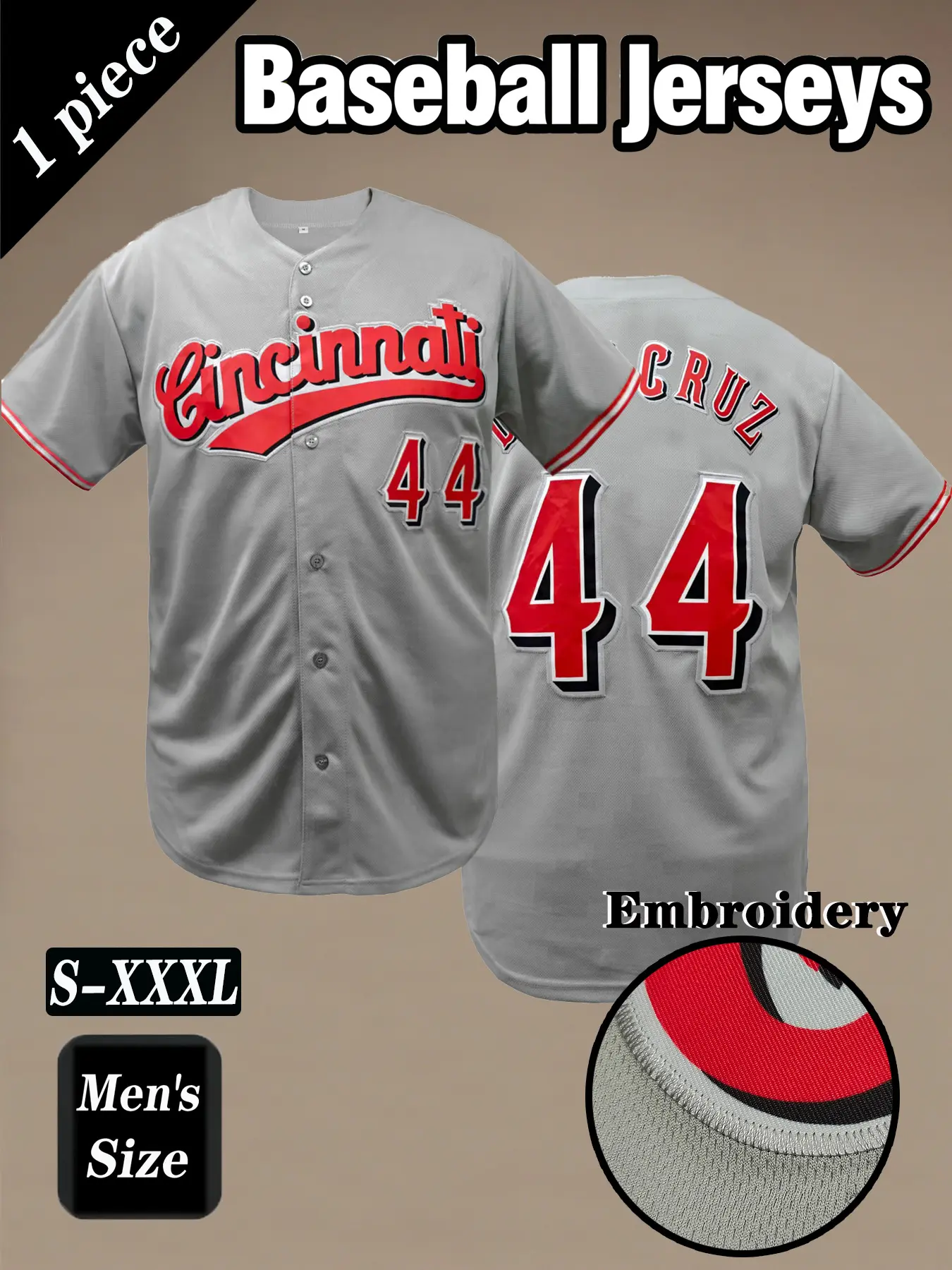 Men's 44 Black City style Embroidered baseball jersey, Fashion Jerseys, Cincinnati embroidery design casual short sleeved V-neck comfortable breathable button cardigan, suitable for outdoor sports, street hip-hop
