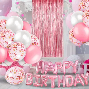 Pink/White "HAPPY BIRTHDAY" Balloon Set – Foil & Latex Balloons, Tassel Curtain, Backdrop & More for a Stunning Party