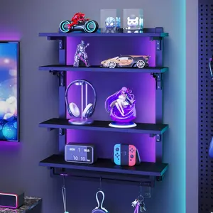 Foldable Gaming Floating Shelves with Adjustable Shelf, 24 Inch Wall Mounted Shelves with Dynamic LED for Living Room Game Room Cologne Holder Wooden Key Mail Holder