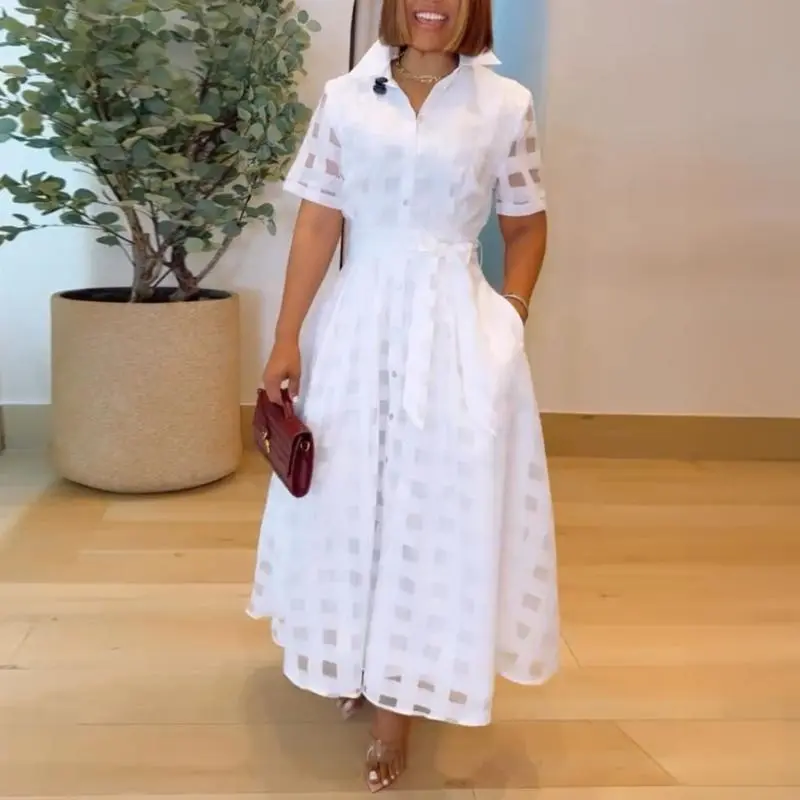CHICME 2026 Women's Breathable Sheer Plaid Mesh Double-Layered Turn-Down Collar Button-Down Shirt Dress, A-Line Maxi, Adjustable Bow Belt Cinched Waist, Lightweight Long/Short Sleeve, Loose Fit, Pockets, Everyday Wedding Guest Piece