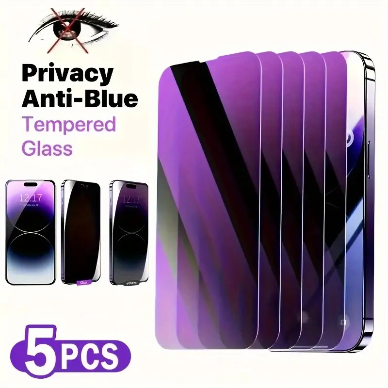 5 pack Anti-Blue Light Privacy Protective Smartphone Tempered Glass Film Screen Protectors Compatible with iPhone 17/16/15/14/13/12/11 Pro/Pro Max/Plus/Mini/17 Air/16e/X/XS/XR/XS MAX,Full Coverage,Scratch-Resistant,Anti-Fingerprint,Easy Installation