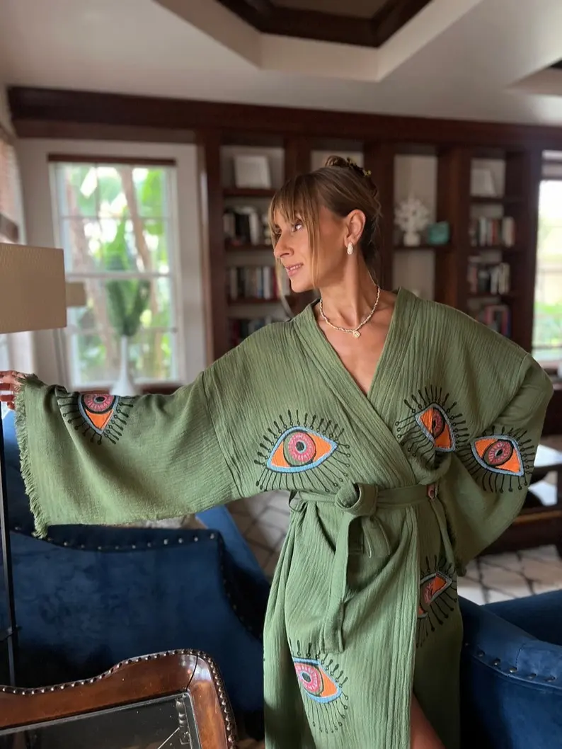 Boho Morning Robe, Organic Cotton Spa Robe, Bridal Robe, Evil eye Bathrobe, Bohemian KImono