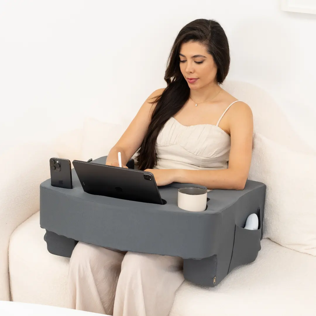 TabCouchCaddy Reading Pillow for Gaming – Lap Desk & Arm Rest with Cup & Phone Holder, Adjustable Heights, Wrist & Laptop Support, Large Pockets – Comfortable for Work, Gaming & Crocheting (Gray)