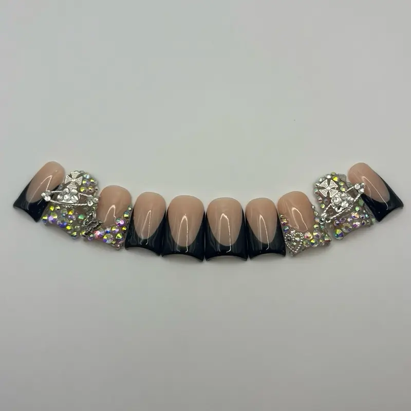 French tip black and bling press on nails