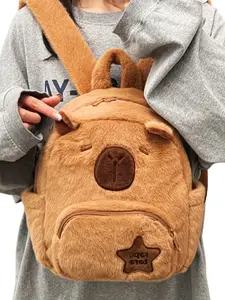 Cute Capybara Plush Backpack for Girls, Cute Versatile Backpack, Embroidered Design, Preppy Style for School and Travel, Ideal Birthday Gift, Fluffy Backpack