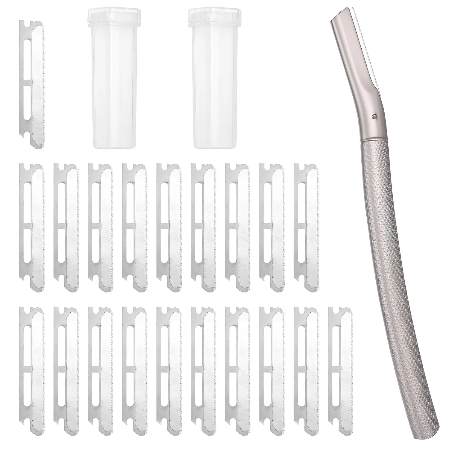 Women's Professional Stainless Steel Dry Cosmetic Eyebrow Dermaplane Razor Set - Ergonomic Durable Metal Handle, Travel-Size Portable On-the-Go Gentle Facial Grooming Tool, 20 Blade Refills for Exfoliating Smooth Skin & Peach Fuzz Removal (Dry Skin Use)