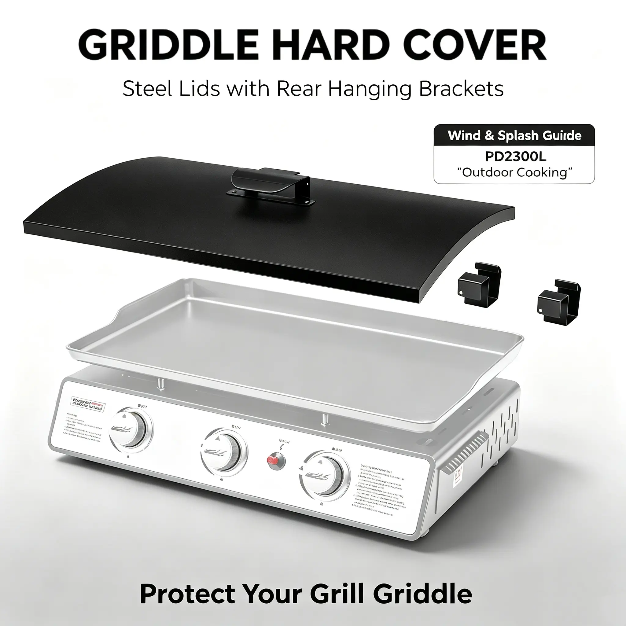 Royal Gourmet PD2300L Griddle Hard Cover for 24-Inch Portable Flat Top Grill, Steel BBQ Griddle Lid with Rear Hanging Brackets, Wind & Splash Guard for Outdoor Cooking, Black