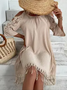 Women's Plain Cold Shoulder Dress, Elegant Fashion Bohemian Casual Dress for Daily Outdoor Wear, Women Dress for Summer, Tent Dress, Womenswear, Boho Clothes Women, Boho Style Dresses, Beach Holiday Dress