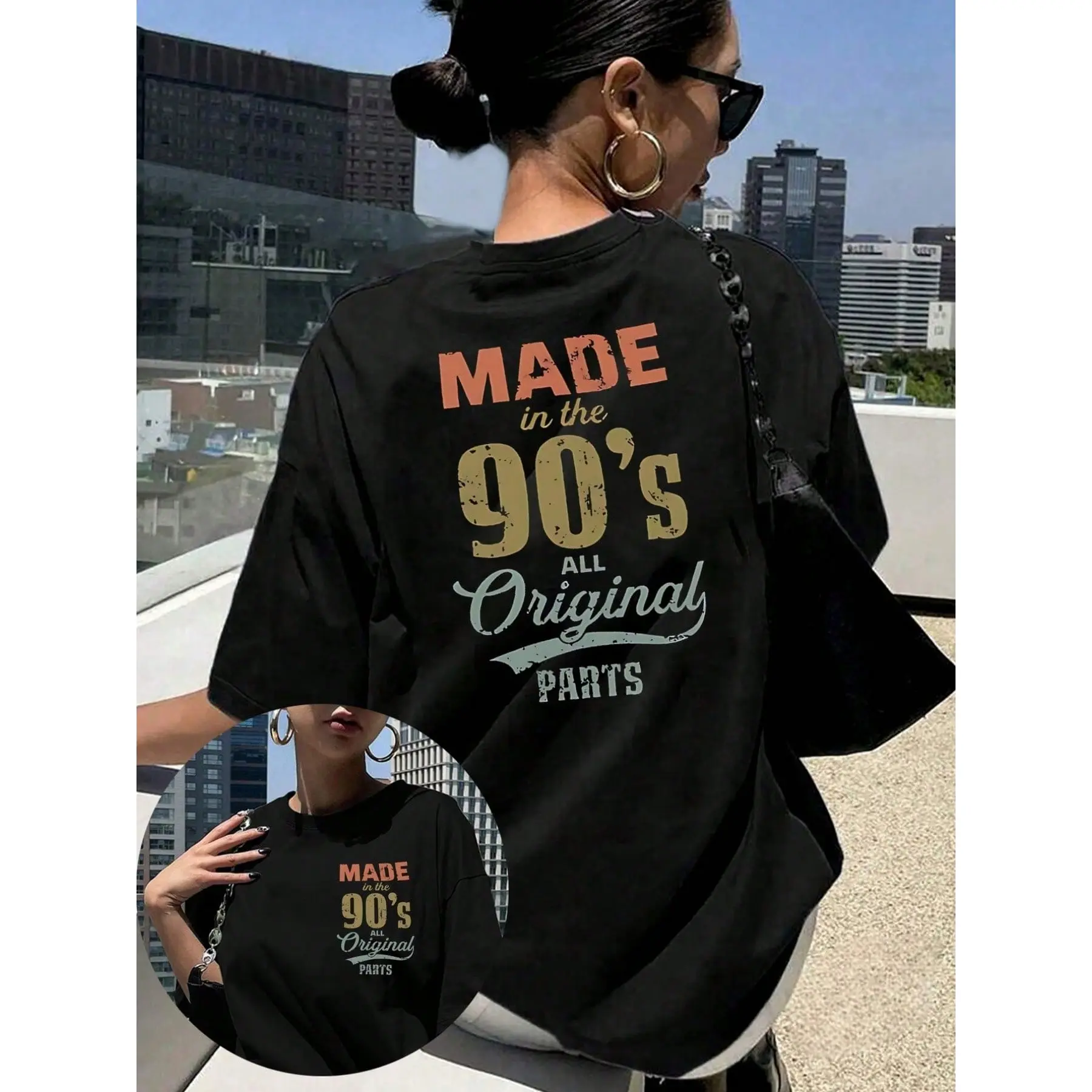 Women’s 90s Retro Letter Print Black Round Neck Short Sleeve T-Shirt Medium Stretch Breathable Soft Fabric Vintage Casual Ladies Top Classic Black Base Retro Typography Graphic Everyday Crew Neck Tee