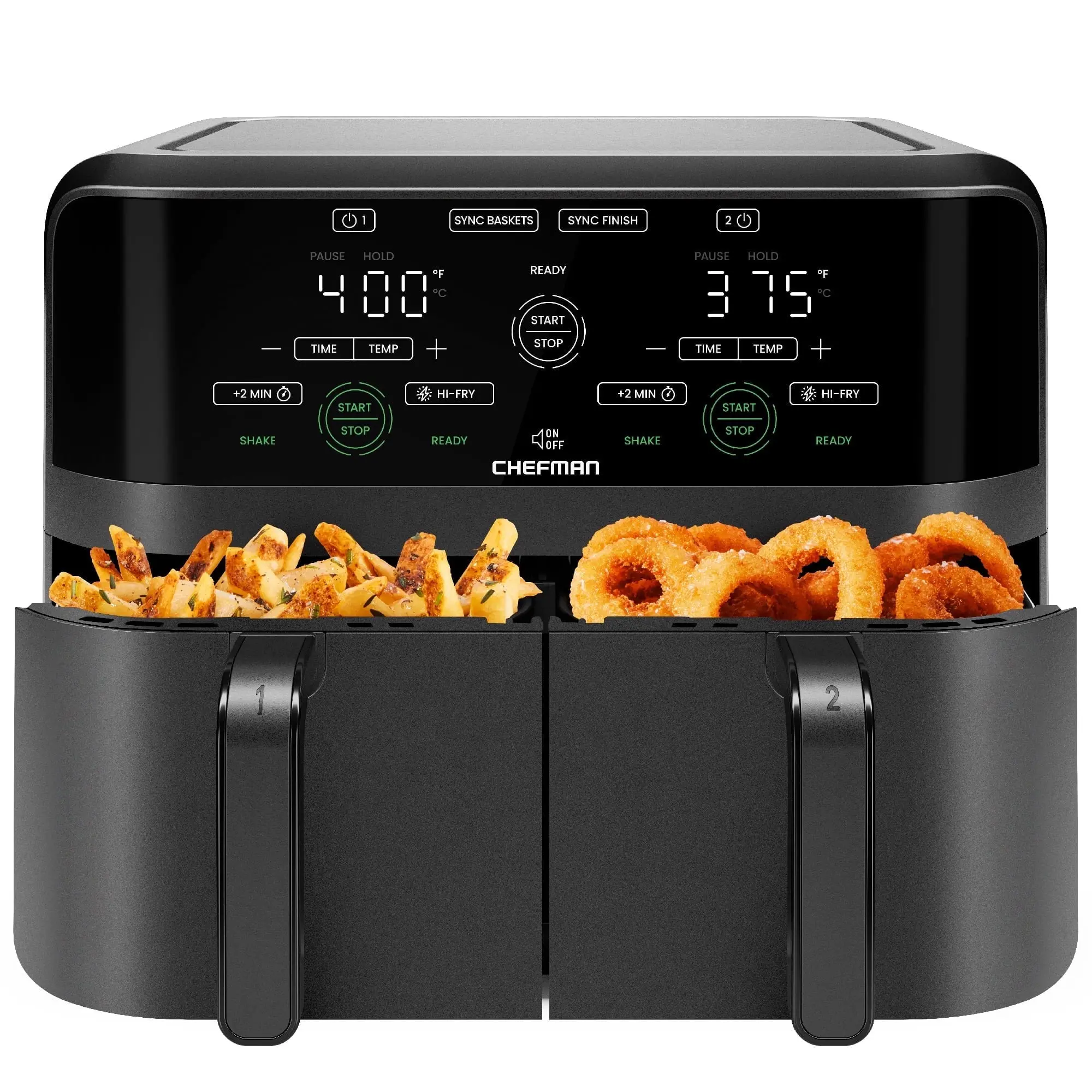 Chefman Dual Basket Air Fryer w Digital Touchscreen, 2 Independent 3 Qt Baskets, Sync Finish - Black