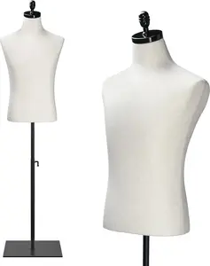 Male Mannequin Torso with Wooden/Metal Stand, Adjustable Height Male Dress Form Body for Clothing Display and Sewing (Beige, Metal Base)