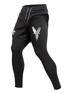 Men's Wings Paradise Print Sporty 2 in 1 Compression Pants, Spring & Fall Gym Workout Fitness Tights Leggings Sportswear Bottoms with Phone Pocket, Zipper Pocket, Towel Loop, Athletic Running Quick Dry Baselayer Activewear