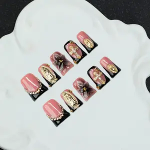 10 pieces/set handmade Y2K Baddie style, nude and black, French, carved pattern, rhinestone, cross and saint pendant design, suitable for women and girls, parties, weddings, daily wear, perfect gift with tool kit, women's nail products, Press On Nails